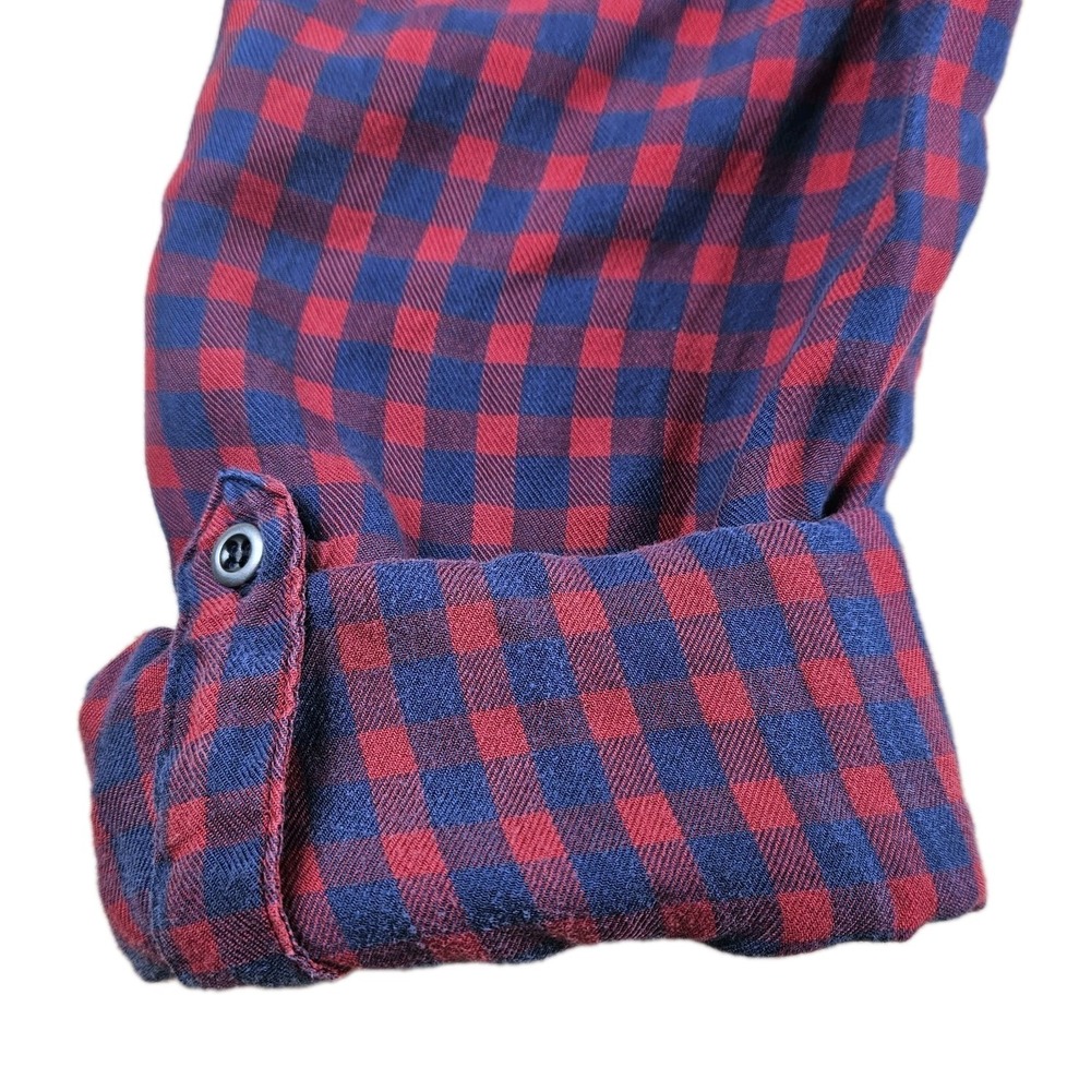 Billy T Shirt Dress Small Red Blue Plaid Studded High Low Button Roll Tab Sleeve - Picture 6 of 10